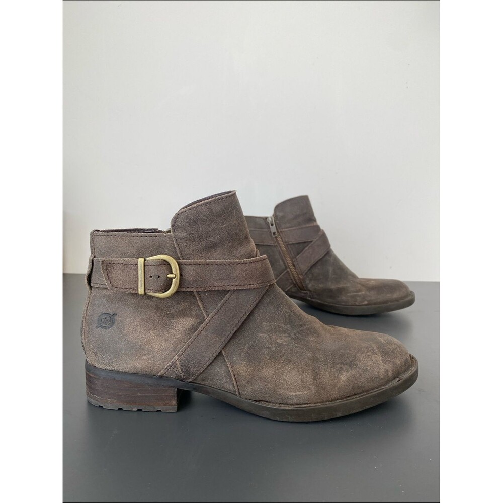 Born Brown Suede Ankle Boots Brass Buckle Sz 9.5 M Boho Western Cottage